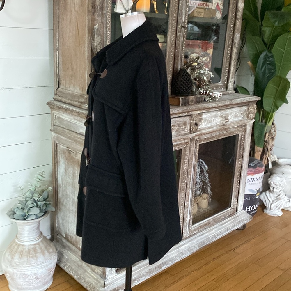 BURBERRY'S LUXURY BLACK WOOL COAT JACKET TOGGLE LARGE MADE IN USA - Picture 5 of 13